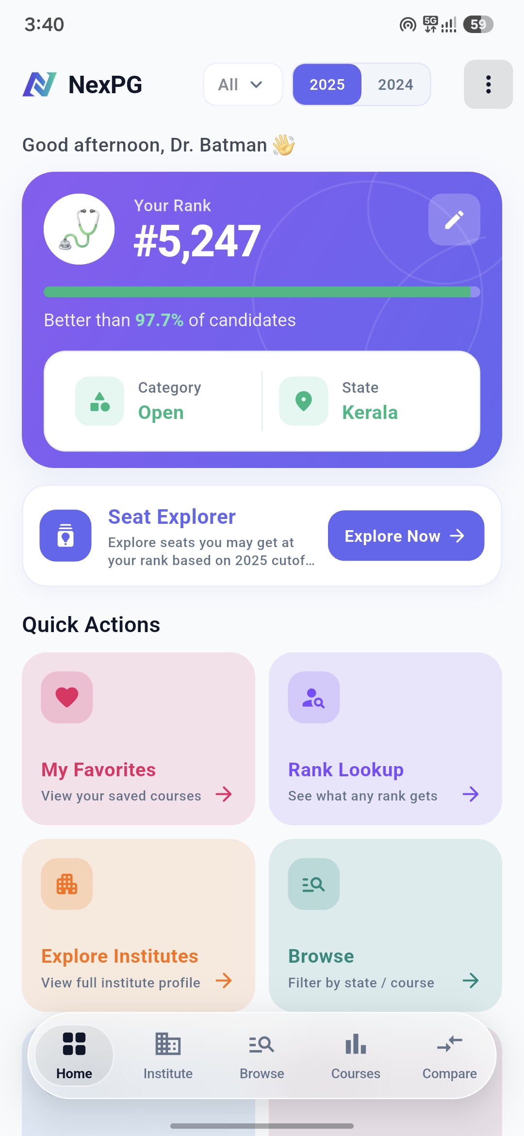 NexPG app interface screenshot